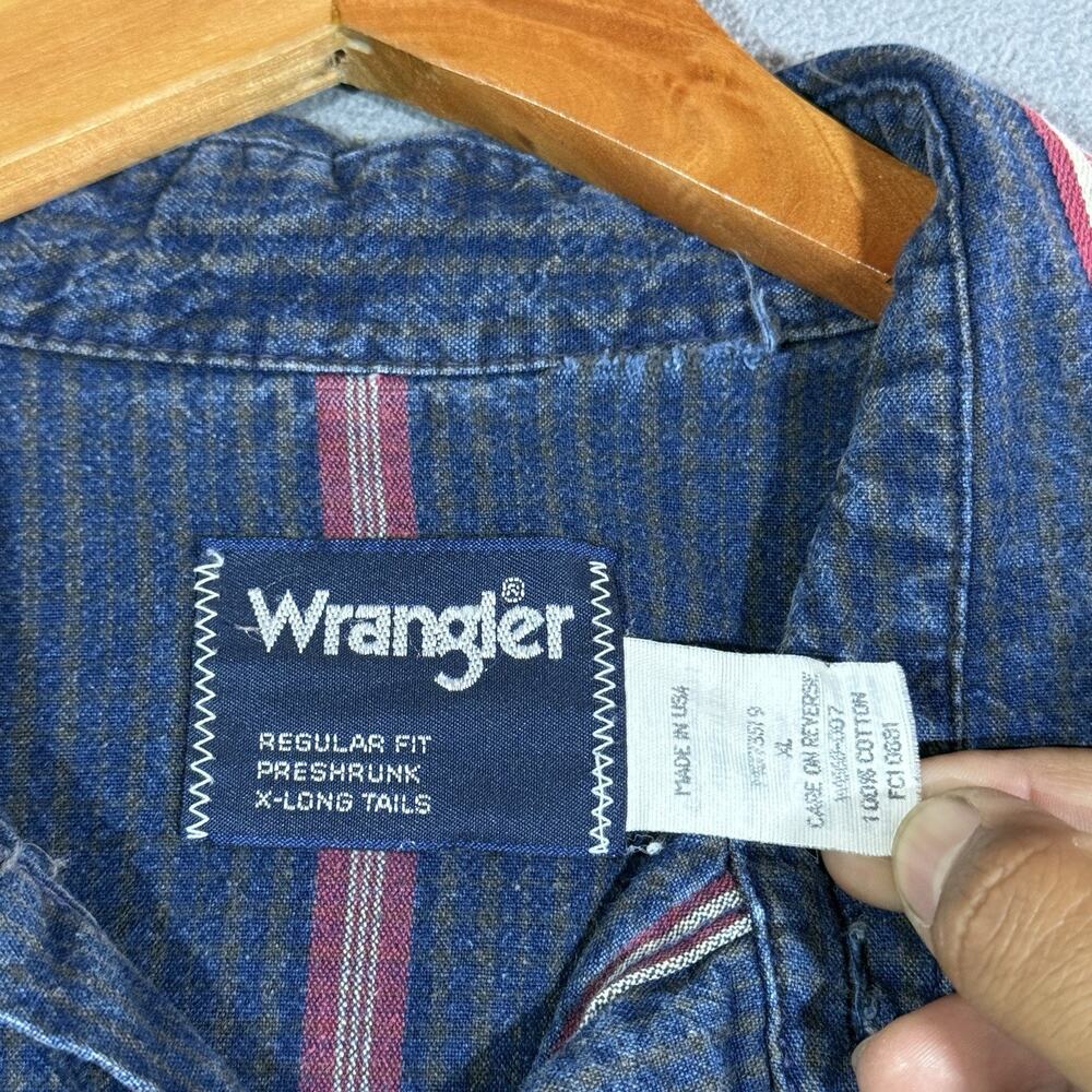 Vtg Wrangler Brushpopper Shirt Size XL Blue Red Stripes Western MADE IN USA - Picture 3 of 8